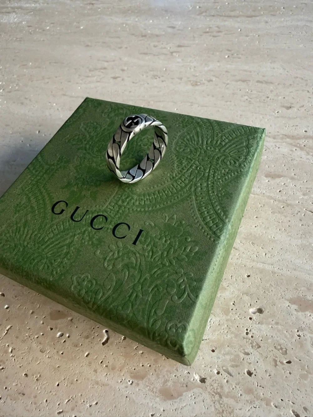 NWB GUCCI WIDE INTERLOCKING STERLING SILVER RING DESIGNER SZ: 24